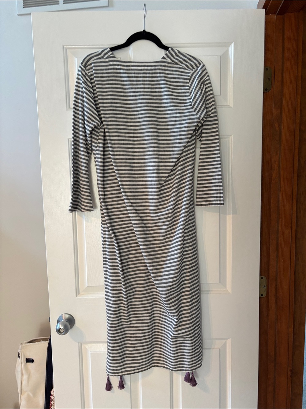 Striped Gray and White Dress with Tassel Hem - Picture 4 of 7
